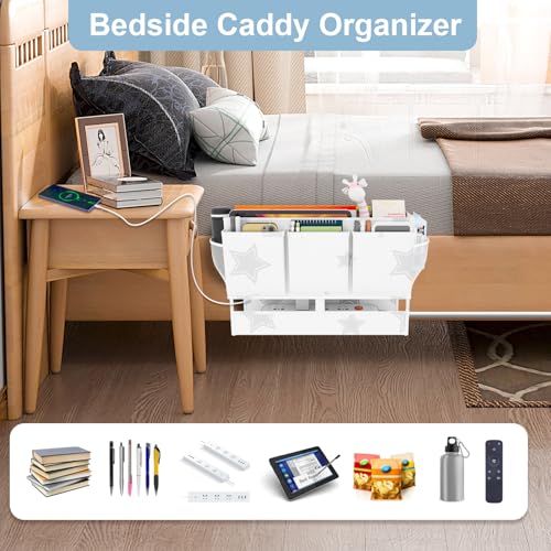 homyfort Bedside Caddy Organizer, Dual-Purpose Bedside Storage with Power Strip Holder, Versatile Bed Caddy with 11 Pockets for Bunk Bed, College Dorm, Home, Hospital, Fits Phones, Books, White - color: White