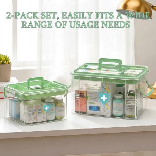 ANYPROLUS 2 Pack Clear Medicine Organizer Box with Handle, Plastic Medicine Container with Tray First Aid Box Empty, Thickened Medicine Storage Organizer Multipurpose Medication Organizer Storage - color: Green-2Pack