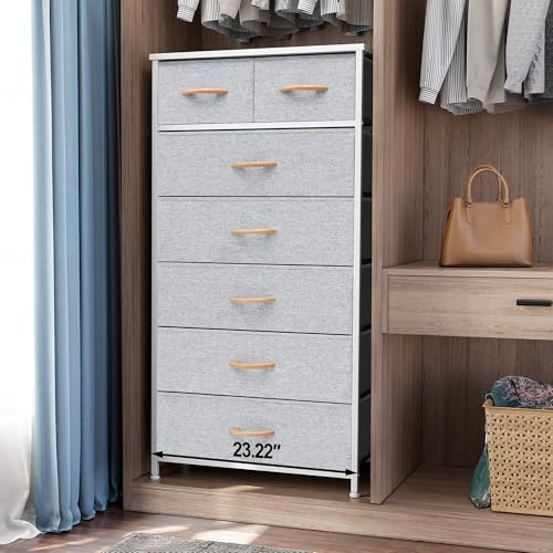 Crestlive Products Vertical Dresser Storage Tower - Sturdy Steel Frame, Wood Top, Easy Pull Fabric Bins, Wood Handles - Organizer Unit for Bedroom, Hallway, Entryway, Closets - 7 Drawers (Light Gray) - color: Light Gray, style: 7 Drawers