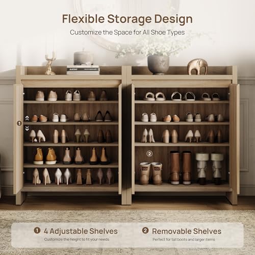 SICOTAS Shoe Cabinet - Fluted Shoe Storage Cabinet for Entryway, 48-Pair Shoes Organizer with Doors & Adjustable Shelves, 2 Pieces Large Shoes Rack Entrance Storage Cabinet for Hallway, Living Room - color: Reclaimed Light Oak, size: 2 Pieces