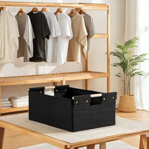 2PCS Storage Bins Cotton Linen Fabric Storage Boxes Basket with Wooden Handles Foldable Washable Decorative Shelf Container Closet Clothes Organizer Home Laundry (Medium Size, Black) - color: Black, size: Medium (Pack of 2)