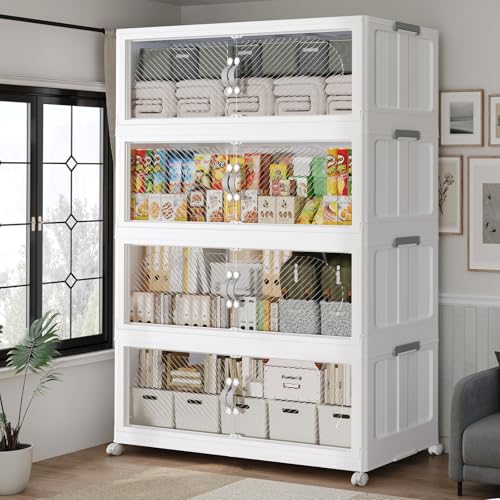 120Gal/480QT 4-Tiers Extra Large Stackable Storage Bins with Lid, Collapsible Cabinet Closet Organizer Plastic Container Box with Wheels Doors Drawers for Office Dorm Kitchen, White - color: White, size: 30Gal-4Pack