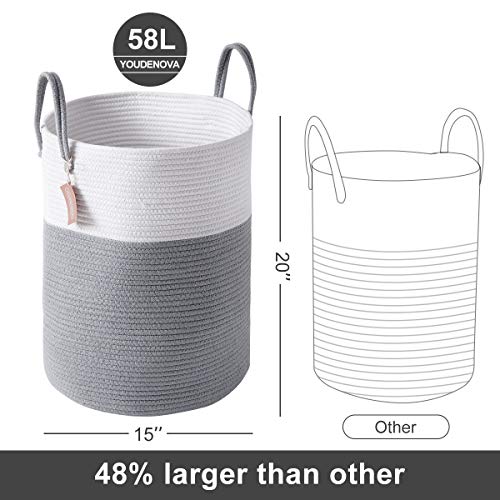 Cotton Rope Laundry Hamper by YOUDENOVA, 58L - Woven Collapsible Laundry Basket - Clothes Storage Basket for Blankets, Laundry Room Organizing, Bedroom Storage, Clothes Hamper – Grey - color: Grey, size: 58L
