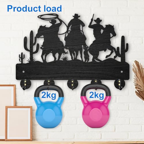 MAYJOYDIY Cowboy Horse Cactus Coat Hooks Wall Mount 11.8×7.9inch Desert Decorative Hooks Rack Wall Art Decor Black Wooden Western Cowboy Key Holder for Wall 5 Alloy Hooks for Kitchen Entryway Gifts - color: Cowboy Horse Cactus