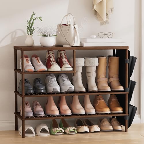 Bamboo Shoe Rack, 4 Tiers Shoe Organizer for Closet, Shoes Storage for 20-24 Pairs, Freestanding Shoe Shelf with Removable Pocket for Entryway Bedroom Front Door Dorm, Walnut Brown - color: Walnut Brown