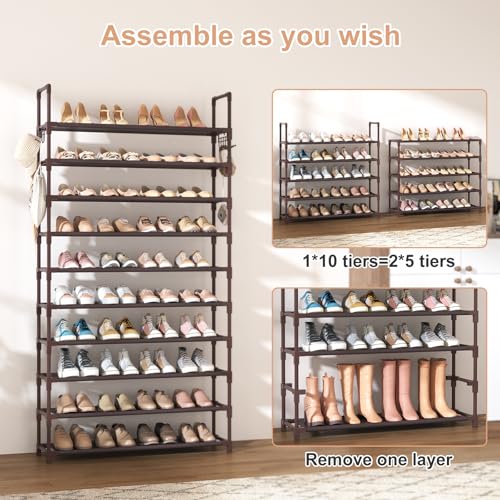 VTRIN 10 Tiers Shoe Rack Tall Large Capacity Wide Shoe Organizer Sturdy Shoe Shelf for Entryway with Two Hooks Metal Shoe Storage for Closet, Bedroom, Brown - color: Brown, size: 32.3" Wide - 10 Tier