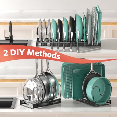 ORDORA Pots and Pans Organizer Under Cabinet, Expandable 11.8"-22.8" Pot Lid Holder with 14 Adjustable Dividers, Pan Organizers inside Cabinet for Kitchen Cookware Bakeware, Black - color: Black, size: 14 Dividers