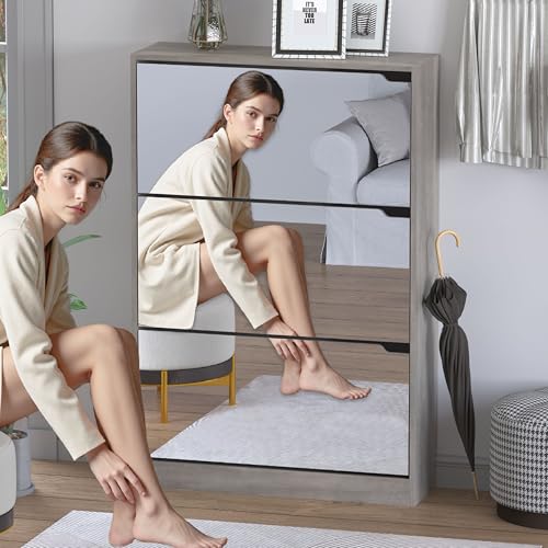 BORNOON Shoe Cabinet with 3-Flip Mirror Drawers, Freestanding Shoe Rack Organizer with Hidden Handle, Slim Narrow Shoe Storage Cabinet for Entryway, Entrance, Hallway, Bedroom - color: Grey, size: 3-Drawer with Mirror