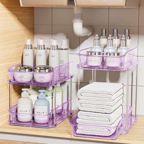 Delamu 2-Tier Under Sink Organizers and Storage, Multi-Purpose Stackable Bathroom Cabinet organizers, Pull Out Kitchen Pantry Organization and Storage with Dividers(2 Pack, Purple) - color: Purple, size: 2 Pack
