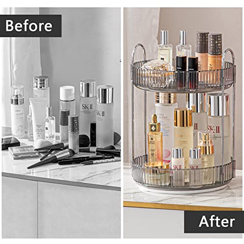 shuang qing Rotating Makeup Organizer for Vanity, High-Capacity Skincare Clear Make Up Storage Perfume Organizers Cosmetic Dresser Organizer Countertop 360 Spinning (Gray, 2 Tier) - color: Gray, size: Regular-2 Tier