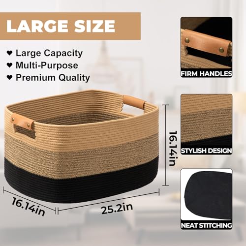 danpinera Large Woven Basket, 108L Large Blanket Basket for Living Room, Nursery, Cotton Woven Hamper for Toy Organizing & Laundry, 25’’*16’’*16’’ Gradient Linen - color: Gradient linen, size: 108L