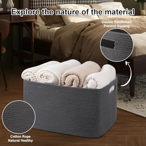 OIAHOMY Large Blanket Basket,Storage Basket with Handle, Blanket Basket for Living Room, Rectangle Woven Cotton Rope Basket for Bedroom, Toy Baskets Organizer Bins, 22" x 17" x 12" in, Dark Grey - color: Dark Grey, size: 22”x17”x12”