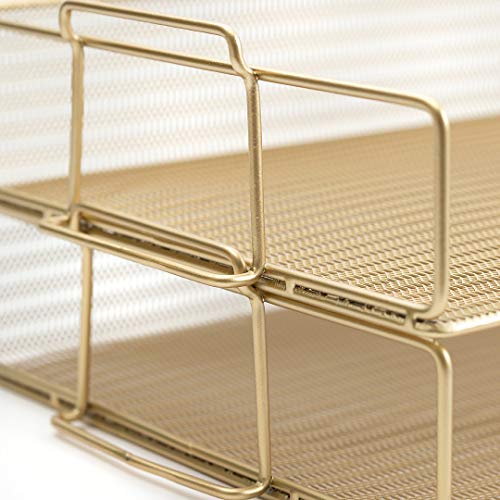 BLU MONACO | Paper Tray Stackable Gold Mesh Set of 2 | Stackable File Trays for Desk Organization | Tiered Desk Organizer with Metal Letter Trays - color: Gold