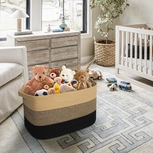Extra Large Blanket Basket, 23.6"x15.7"x14.1" Woven Blanket Storage for Living Room, Oversized Wicker Floor Basket, Big Cotton Rope Kids Dog Toy Bin Box, Decorative Rectangle Pillow Holder - color: Black and Jute