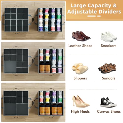 NestOrganix 2 Pack Shoe Organizer for Closet, Large Shoe Box Storage Containers, Foldable Shoe Storage Organizer Box Bin with Adjustable Dividers and Clear Cover, Space Saving Shoes Holder, Gray - color: Gray