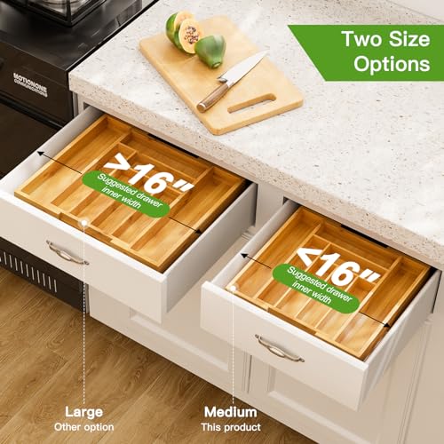 Pipishell Bamboo Expandable Drawer Organizer for Utensils Holder, Adjustable Cutlery Tray, Wood Drawer Dividers Organizer for Silverware, Flatware, Knives in Kitchen, Bedroom, Living Room(M-N) - color: Natural, size: Medium