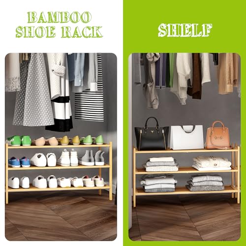 BMOSU 3-Tier Bamboo Extended Shoe Rack Premium Stackable Shoe Shelf Storage Organizer for Hallway Closet Living Room Entryway Organizer(Natural) - color: Natural, size: 3-Tier Long（33.3*11*18.3inches）