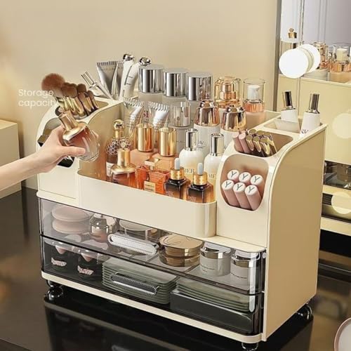 Makeup Organizer with Drawers for Vanity,Bathroom Countertop Organizer with Brushes Holder,Skincare Storage Organizer,Perfect Cosmetic Display Case for Skincare,Lipstick and Beauty Essential (Cream) - color: Cream