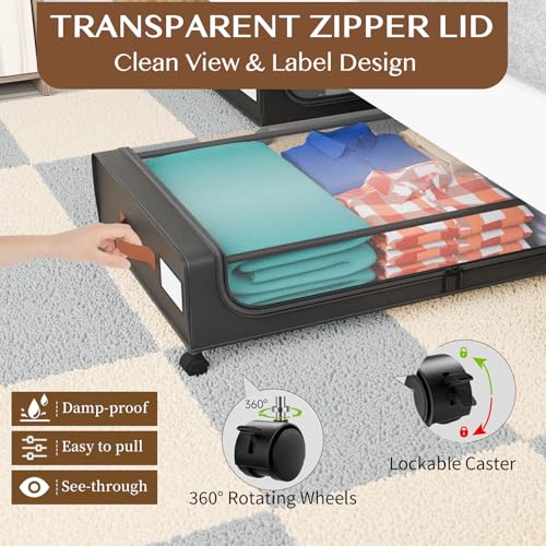 Under Bed Storage with Wheels, UnderBed Storage Containers with Clear Lid and Handles, XXL 60L Under the Bed Storage Bins Drawers for Clothes,Blankets,Shoes,Books (BLACK, 2 PACK) - color: BLACK, size: 2 PACK