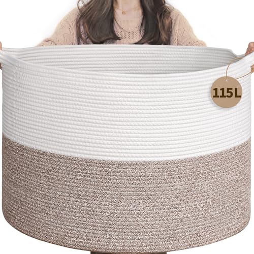 INDRESSME 115L Extra Large Blanket Basket, Soft Cotton Rope Storage Basket for Organizing, Home Decor, Toys, Laundry & Towels, Toy Storage Organizer for Living Room & Nursery, White & Brown - color: White & Brown, size: 23.6"D x 15.7"H