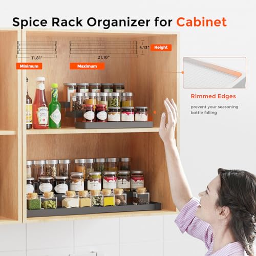 Expandable Spice Rack Organizer - 3 Tier Adjustable Spice Organizer for Cabinet & Countertop - Easy Visibility - Black - color: Black -Fits 9.5'' Deep Cabinet, size: 1 Pack