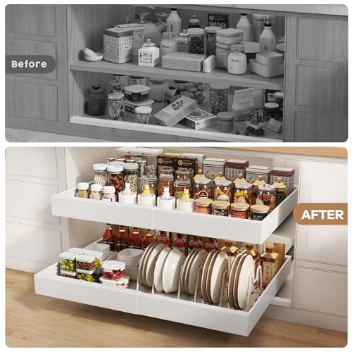 Seinloes 4 Pack Pull out Cabinet Organizer 21" Deep With Raising Pad for Framed Cabinets,Expandable (15.2"-26.3"W) Slide out Drawers for Kitchen Cabinets with 4pcs Divider Racks,Roll out Shelves,White - color: White, size: 15.2"-26.3"W x 21"D(4Pack)