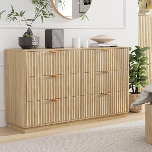 VOWNER Fluted 6 Drawers Dresser for Bedroom, 54" Wide Modern Chest of Drawers with Metal Handle, Closet Clothes Storage Organizer, Wood Dresser TV Stand for Living Room, Closet, Hallway, Entryway - color: Oak