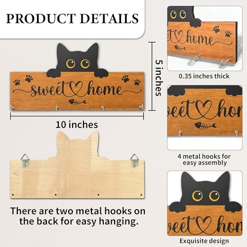 Cat Sweet Home Wooden Key Holder for Wall - 5"x10" Key Organizer Hanger with 4 Hooks for Front Door Hallway Entryway Kitchen - Home Office Decor & Housewarming Gifts Supplies - A07 - color: Cat Sweet Home