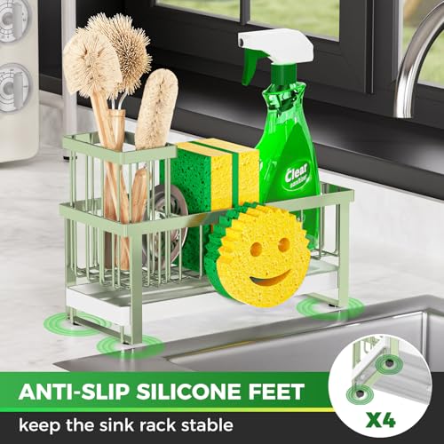 Sponge Holder for Kitchen Sink,Sink Caddy with Removable Dish Brush Holder,Self-Draining Kitchen Countertop Organizers and Storage Essentials,Soap Dispenser Organize and Home Decor-Green - color: 1 Tier Green-Tray