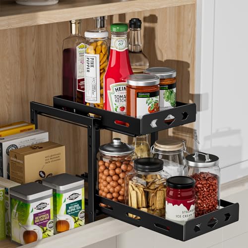 BOIVSHI Pull Out Spice Racks for Inside Cabinets, 2-Tier Cabinet Spice Rack Organizer, Height Adjustable Vertical Spice Rack for Kitchen Cabinet (7.5''Wx10.8''Dx9.2''H, Metal Black) - size: 7.5''Wx10.8''Dx9.2''H,2 Tier