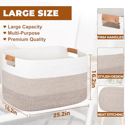 danpinera 108L Large Blanket Basket for Living Room, Woven Storage Basket with Leather Handles, Cotton Rope Storage Organization in Nursery for Toys & Clothes 25 ''* 16 ''*16 '', Gradient Brown - color: Gradient Brown, size: 108L