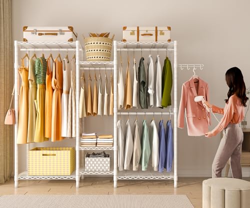 Heavy Duty Garment Rack, Portable Wardrobe Clothes Rack Freestanding Adjustable Clothing Rack with 7 Tiers Adjustable Wire Shelving and 4 Hanger Rods, Max Load 920LBS, White - color: White, size: B3: 5 Tiers with 4 Rods,72.4"L x 15.7"W x 76.8"H