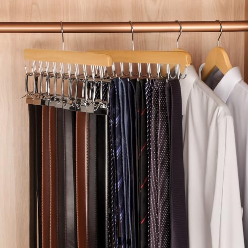 TOPIA HANGER 2 Pack 2 in 1 Belt Tie Hanger for Closet Max 60 Belts with 60 Ties Capacity, 20 Hooks Belt Tie Racks Wooden Hanger for Closet Organizer Space Saving “U” Fit Belt and “一” Fit Tie - CT59N - color: Natural-2 Pack