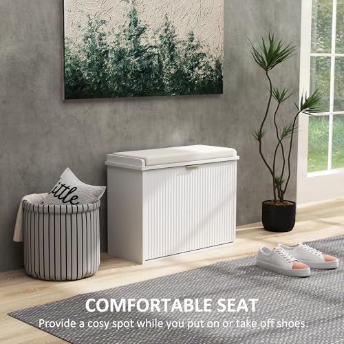 HOMCOM Narrow Shoe Bench with Padded Cushion, Shoe Cabinet with Flip-Drawer and Adjustable Shelf, Small Entryway Bench Holds up to 265lb, 24.4x10.2x18.7 Inches, White - color: White, size: 24.4" x 10.2" x 18.7"