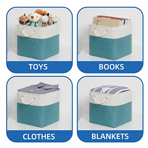 Temary Cubes Storage Baskets 11 Inch Cube Storage Bins 4 Pack Fabric Baskets for Gift Empty Teal Storage Bins for Shelves, Collapsible Fabric Storage Cubes Basket for Storage (White&Teal) - color: white&teal, size: 11"L x 11"W x 11"H