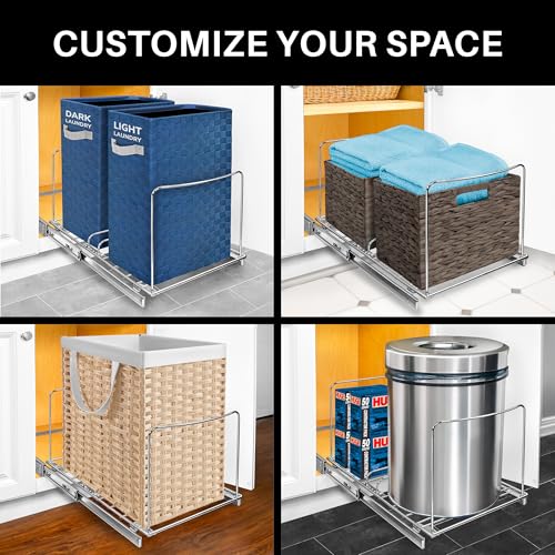 LYNK PROFESSIONAL® Double Pull Out Trash Can Under Cabinet - Under Sink Trash Can Slider - Trash Can Slide Out Drawer - Sliding Pull Out for Kitchen Garbage Bin (Trash Cans Not Included) - size: 14-1/8" W x 20-1/4" L x 11-1/2" H