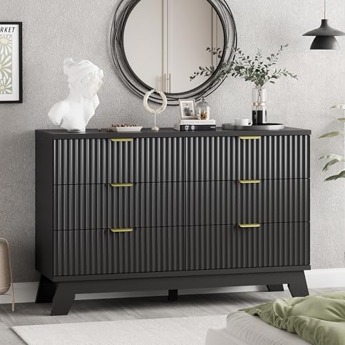 Xixini Fluted Dresser for Bedroom with 6 Drawers, 48" Wide Wooden Chest of Drawers with Metal Handle, Modern Dresser TV Stand, Wood Closet Clothes Storage Organizer for Living Room, Hallway, Black - color: Black, size: 15.6"D x 47.2"W x 30.5"H (6 Drawers)