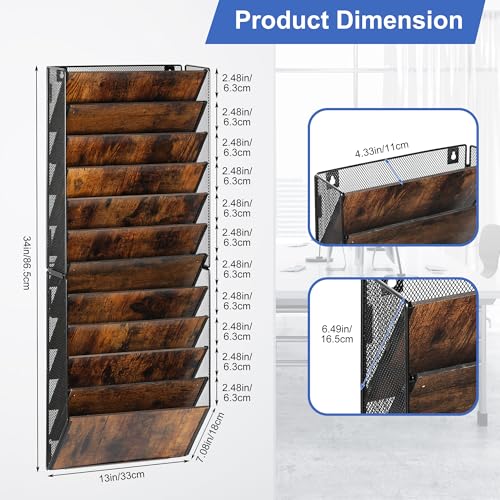 TQVAI 12-Pocket Hanging Wall File Organizer - Metal Folding Wall Mounted Mail Document Holder, Multi-Purpose Clipboard Storage Rack for Office, Homeschool, Classroom Organization, Black/Vintage - size: 12 Pockets