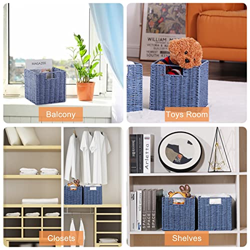 Vagusicc Wicker Basket, Set of 2 Hand-Woven Paper Rope Storage Baskets for Organizing, Foldable Cubby Storage Bins, 9 Inch Small Wicker Storage Basket, Square Baskets Cube Storage Organizer Bins, Blue - color: Dark Blue, size: 9'' x 9'' x 9''