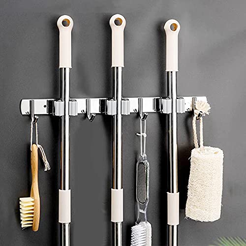 Broom Mop Holder Wall Mount Cleaning Tool holder, Heavy Duty Stainless Steel Broom Hanger Rack Hook Organizer, Garage Storag Racks wall Mounted Broom Hanger for Home, Kitchen, Garden, Garage, Landry