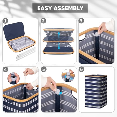 BALEINE Laundry Hamper with Lid, Tall Laundry Baskets with Bamboo Pull Handles, Large Laundry Bin with Internal Support (26 Gal/100L, Blue Pinstripe) - color: Blue Pinstripe, size: 100 liters
