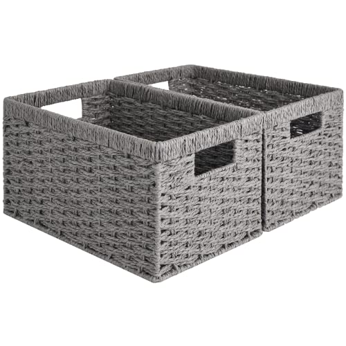 StorageWorks Round Paper Rope Storage Baskets, Rectangular Wicker Baskets with Built-in Handles, Gray, 2-Pack - color: Gray (Paper Rope), size: 2x 13¼"L x 8¼"W x 7"H
