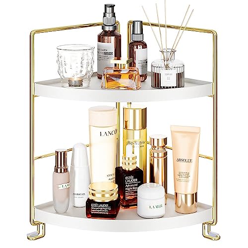 2-Tier Bathroom Corner Counter Organizer, Makeup Storage Shelf Vanity Tray, Bathroom Sink Countertop Organizer, Gold - color: Gold