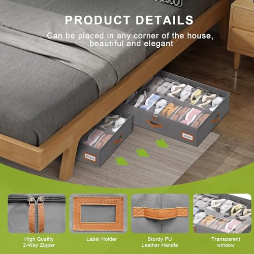 homyfort Shoe Organizer Under Bed, Fits 32 Pairs, Under bed Shoe Storage Boxes with Study Handles and Clear Cover, zapateras organizer for shoes, set of 2 - color: Grey, style: Modern