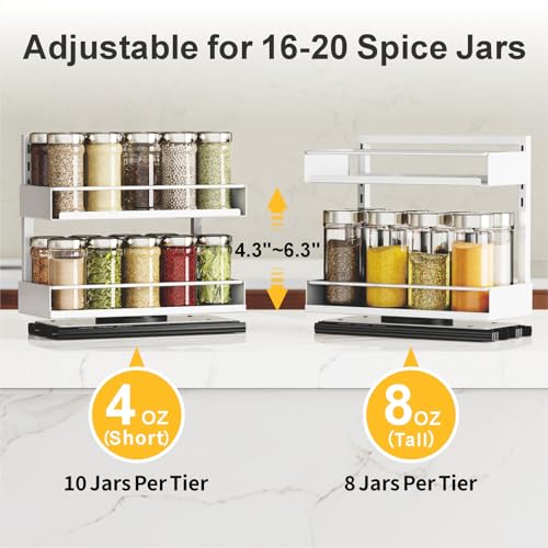 iSPECLE 2 Pack Pull Out Spice Rack - Rotate Peel and Stick No-Drill Vertical Spice Rack Organizer for Cabinet Easy Access Spices, Adjust Height for 4oz to 8oz Spice Jars, Fits Small Pantry Cabinet - color: 2-Pack White