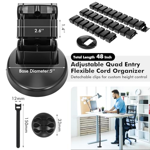 Yaomiao 4 Pack Under Desk Vertebrae Cable Management Kit Standing Desk 48'' Adjustable Quad Entry Flexible Cord Organizer with Ties, Stick-on Clips Cable Management Set for Home User Office Worker