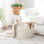 BOLDMONEKY Blankets Basket 20" x20 " x11.8 ", Large Round Laundry Hamper with Leather Handle, Soft Dog Toy Woven Basket for Storage-Beige - color: Beige