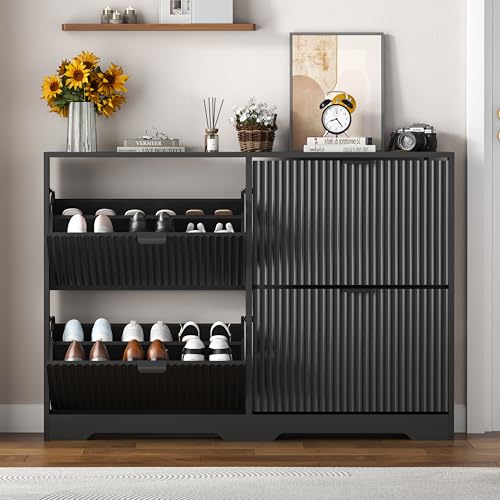 HUANLEGO Shoe Cabinet Storage for Entryway with 4 Flip Drawers, Black Fluted Shoe Cabinet with Adjustable Shelves, Wooden Hidden Shoe Rack Freestanding Narrow Slim Shoes Storage for Hallway, Entrance - color: Black, size: 4 Drawer without Bench