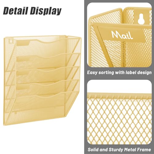 EASEPRES 5 Pocket Mesh Hanging Wall File Organizer, Wall Mounted Mail Paper Document Folder Holder, Clipboard Storage Organization Magazine Rack with Nametag Label for Office Home School, Gold - color: Gold, size: 5 Tier