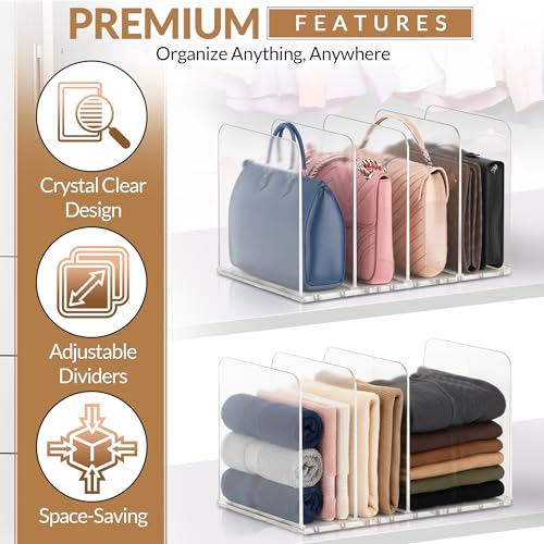 Adjustable Bag & Purse Organizer for Closet | Clear Shelf Dividers for Closet Organization, Vertical Handbag Separator for Sweater, Shirts & Clutches, Perfect for Bedroom, Living Room, Home